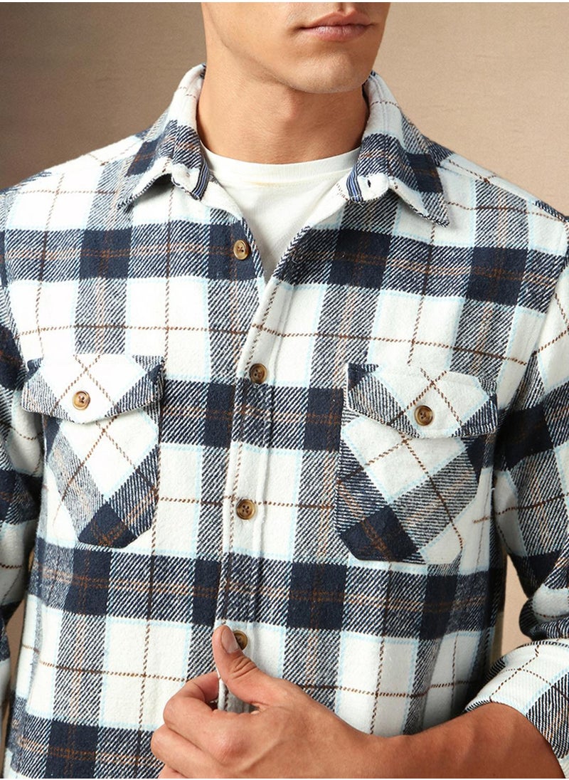Men's White 100% Cotton Checkered Shirt