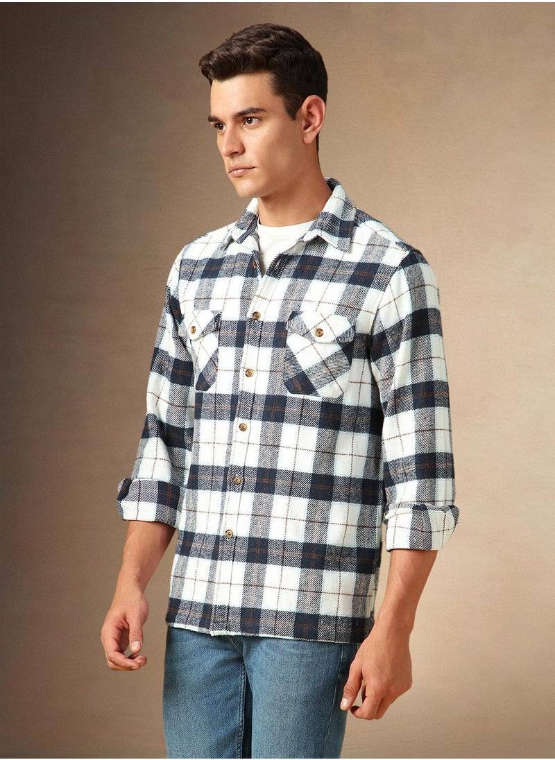 Men's White 100% Cotton Checkered Shirt