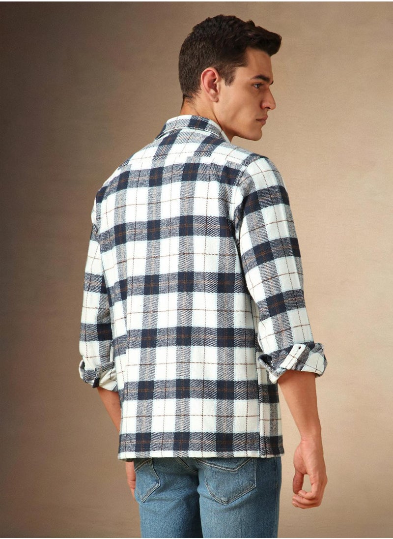 Men's White 100% Cotton Checkered Shirt