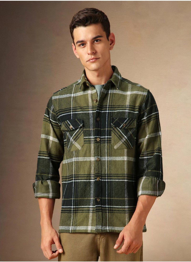 Men's Olive 100% Cotton Checkered Shirt