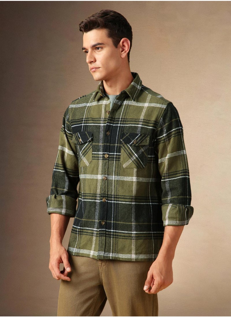 Men's Olive 100% Cotton Checkered Shirt
