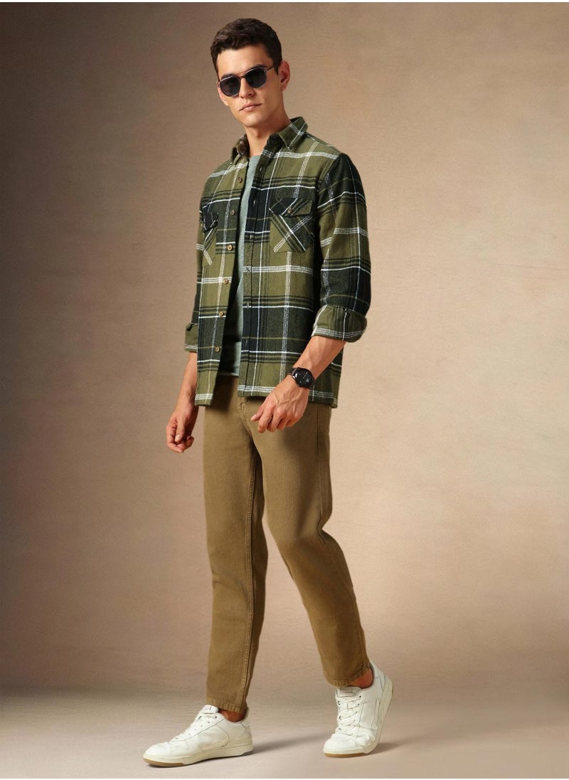 Men's Olive 100% Cotton Checkered Shirt