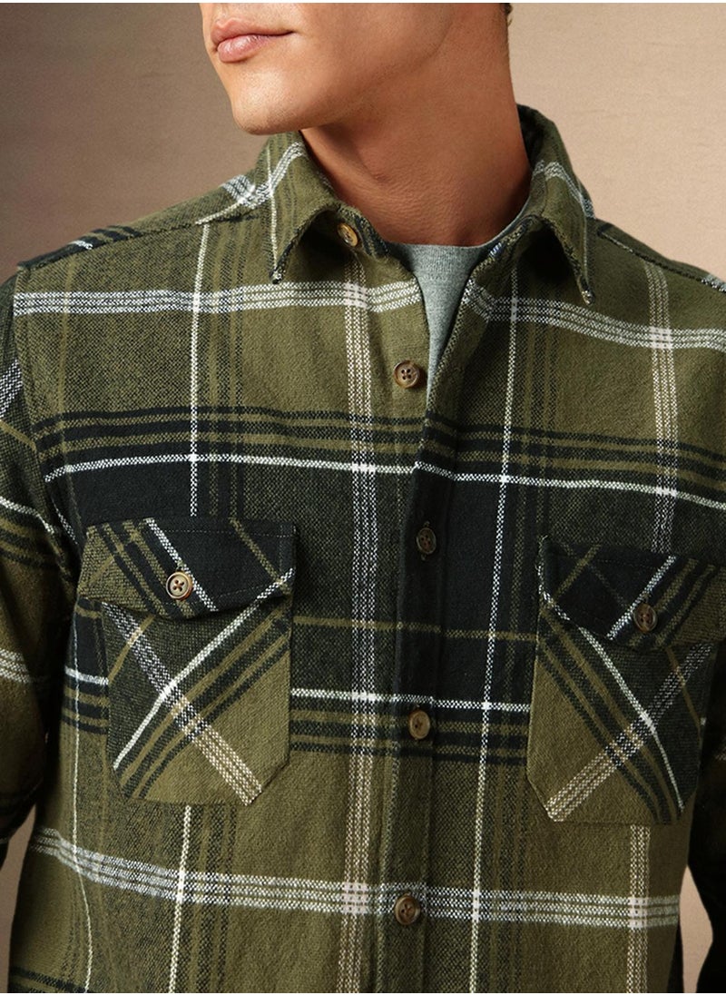 Men's Olive 100% Cotton Checkered Shirt