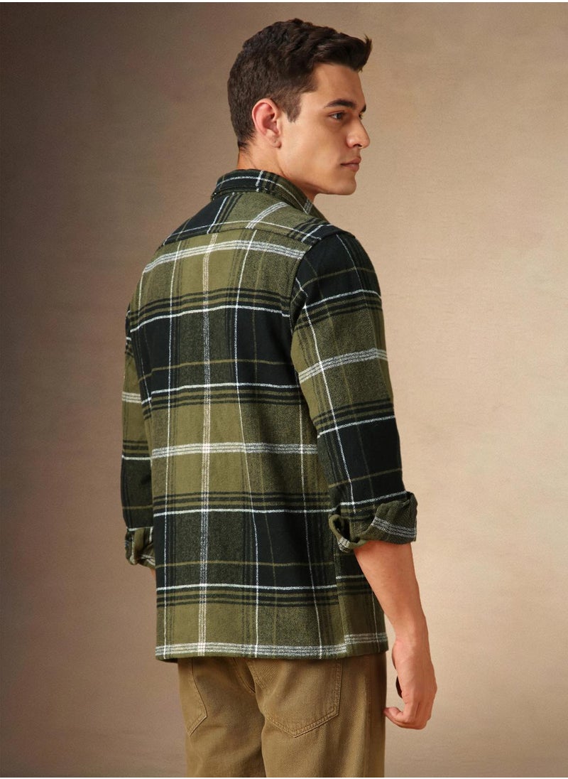 Men's Olive 100% Cotton Checkered Shirt