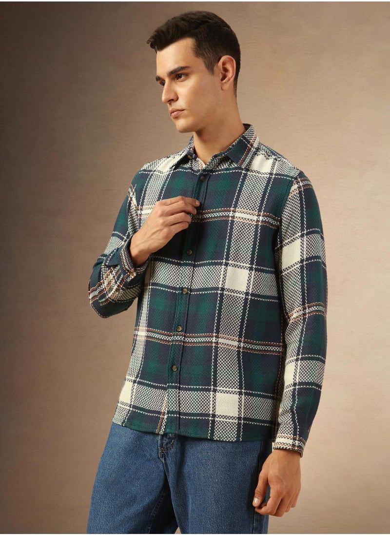 Men's Navy 100% Cotton Checkered Shirt