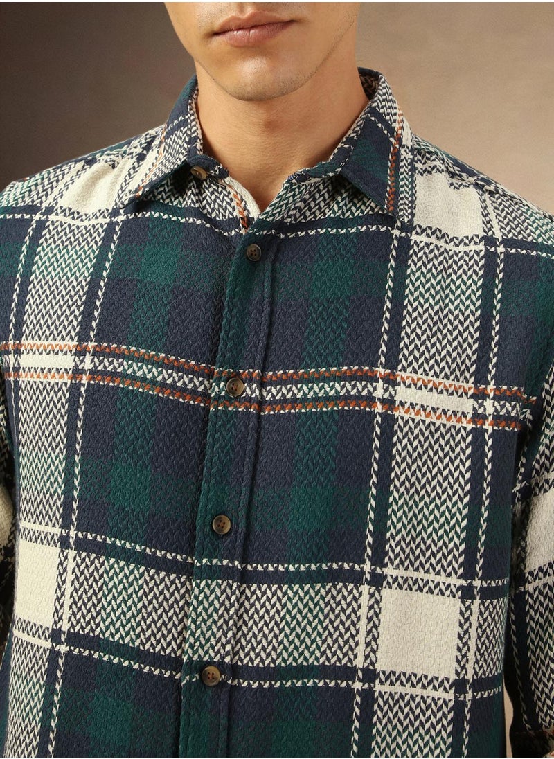 Men's Navy 100% Cotton Checkered Shirt