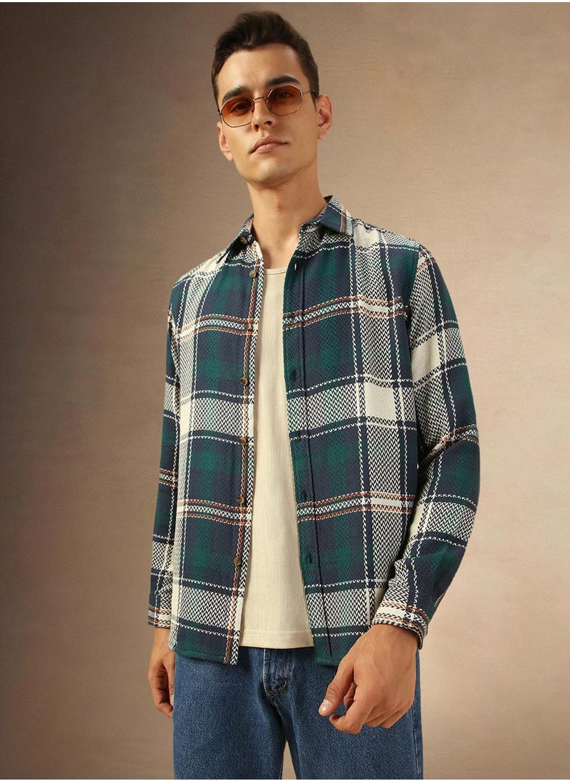 Men's Navy 100% Cotton Checkered Shirt
