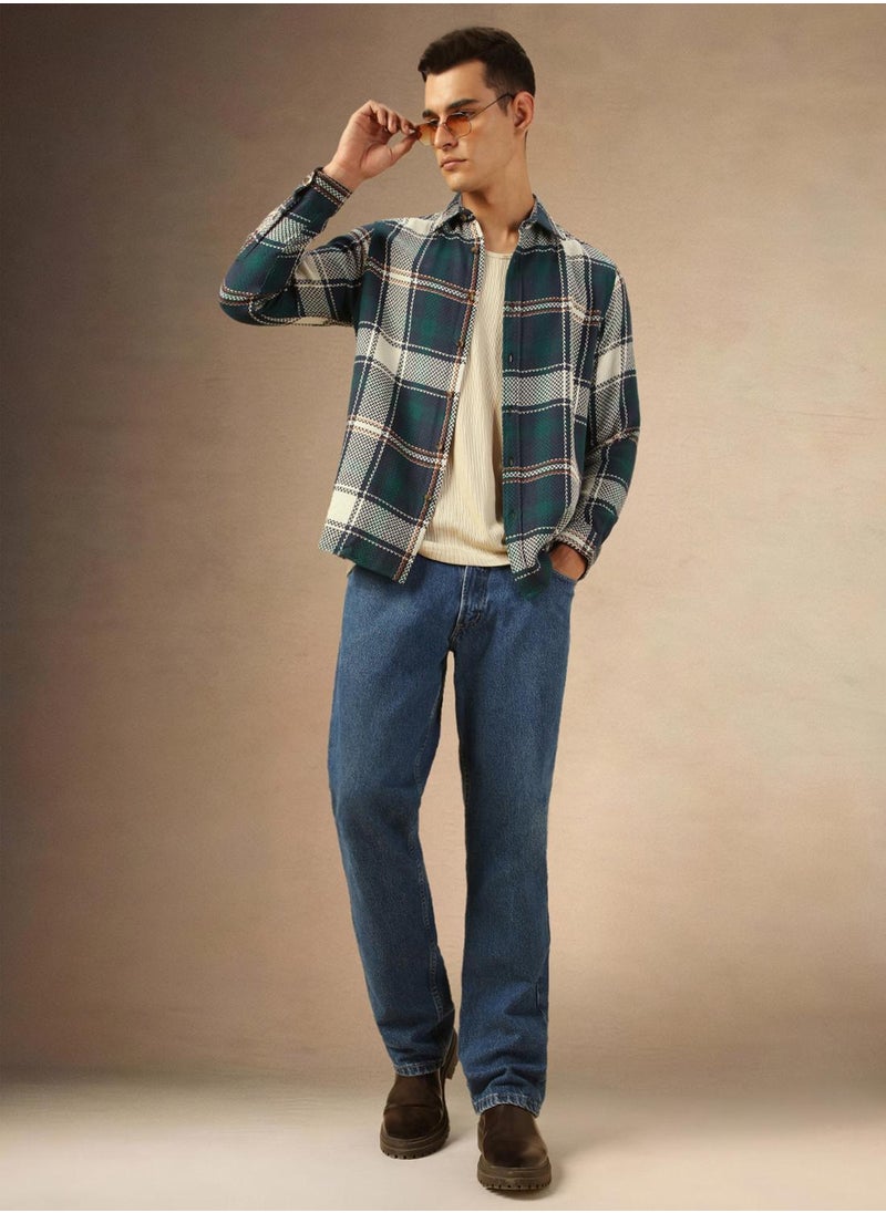 Men's Navy 100% Cotton Checkered Shirt