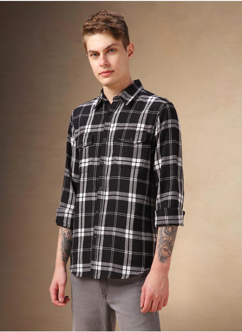 Men's Black 100% Cotton Checkered Shirt