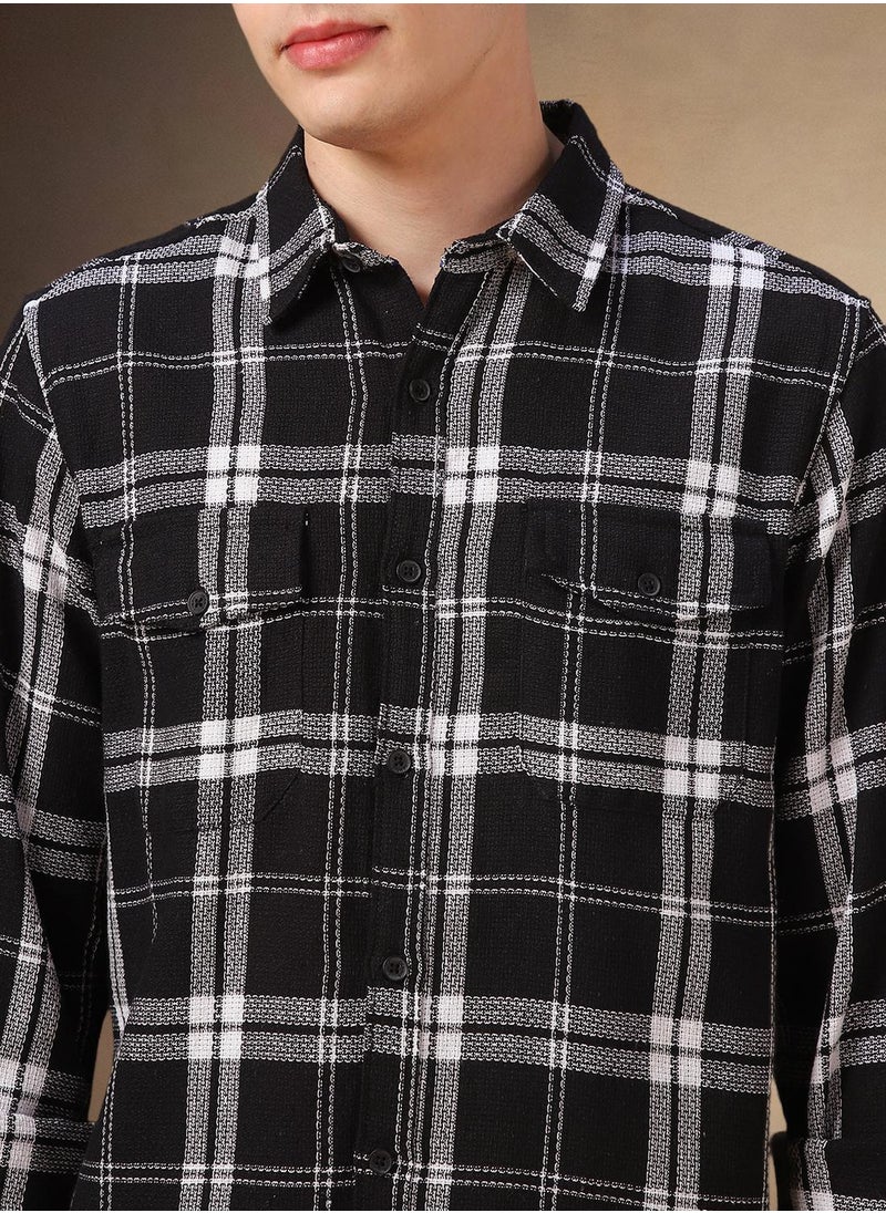 Men's Black 100% Cotton Checkered Shirt