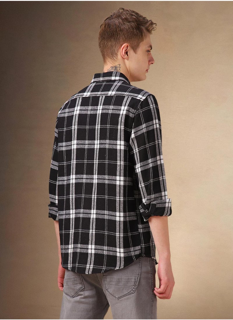 Men's Black 100% Cotton Checkered Shirt