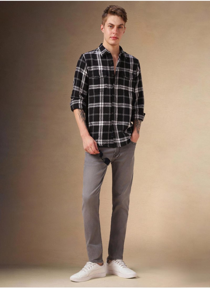 Men's Black 100% Cotton Checkered Shirt