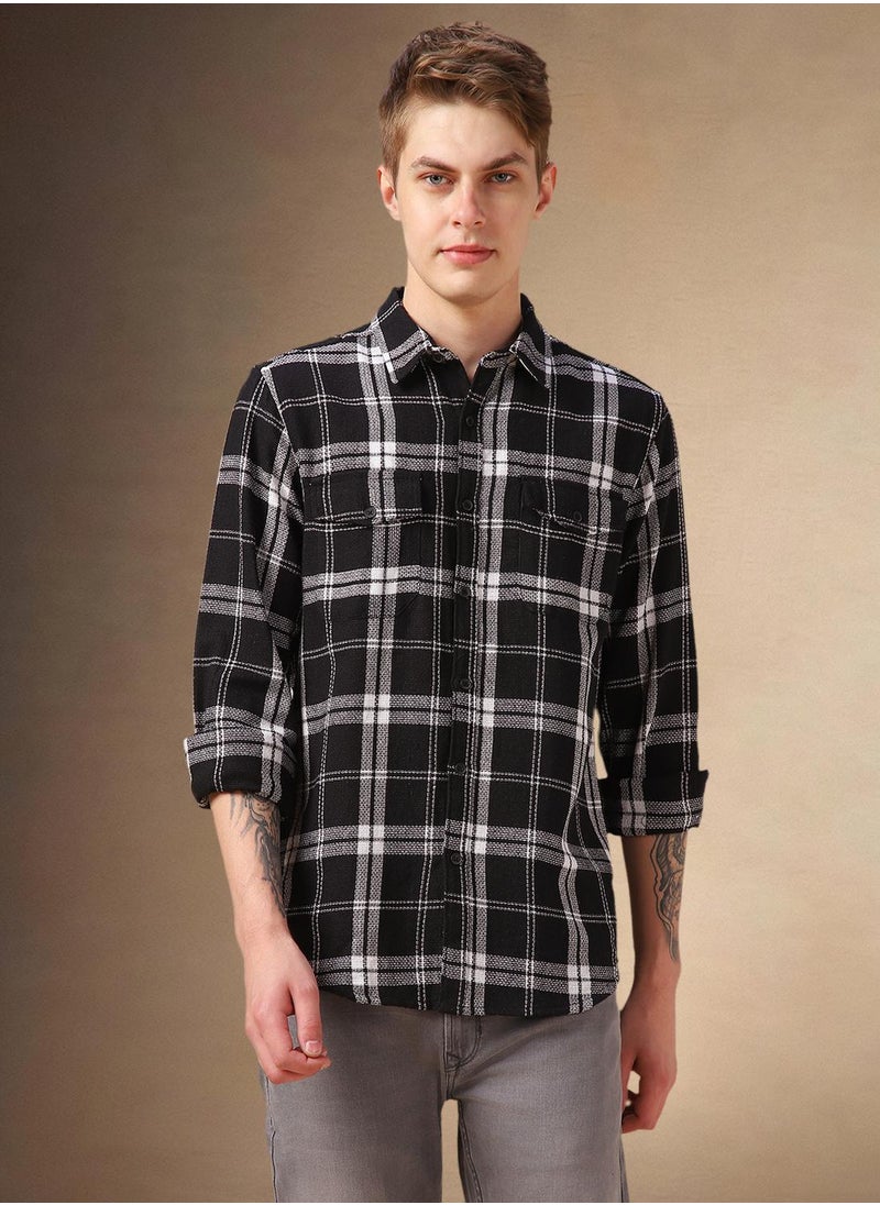 Men's Black 100% Cotton Checkered Shirt