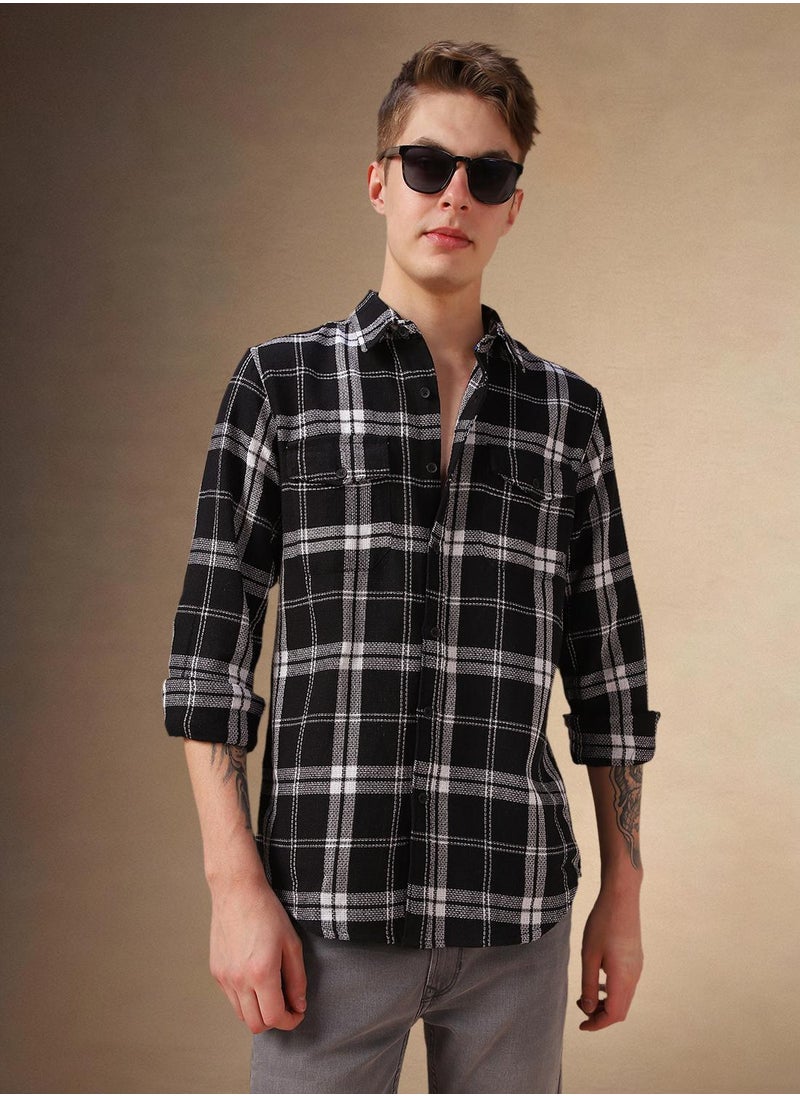 Men's Black 100% Cotton Checkered Shirt