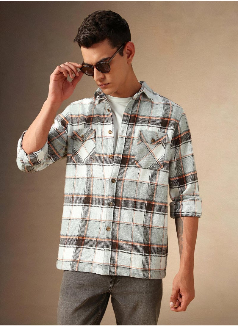 Men's Grey 100% Cotton Checkered Shirt