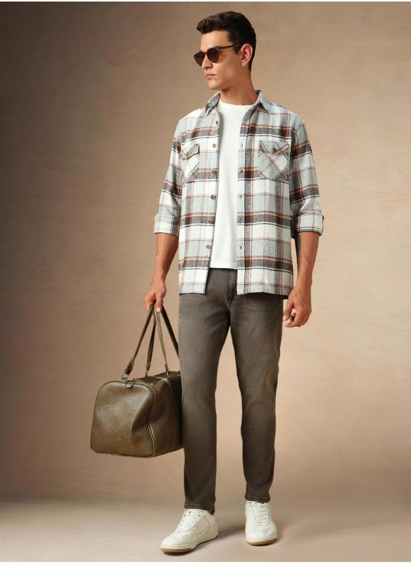 Men's Grey 100% Cotton Checkered Shirt