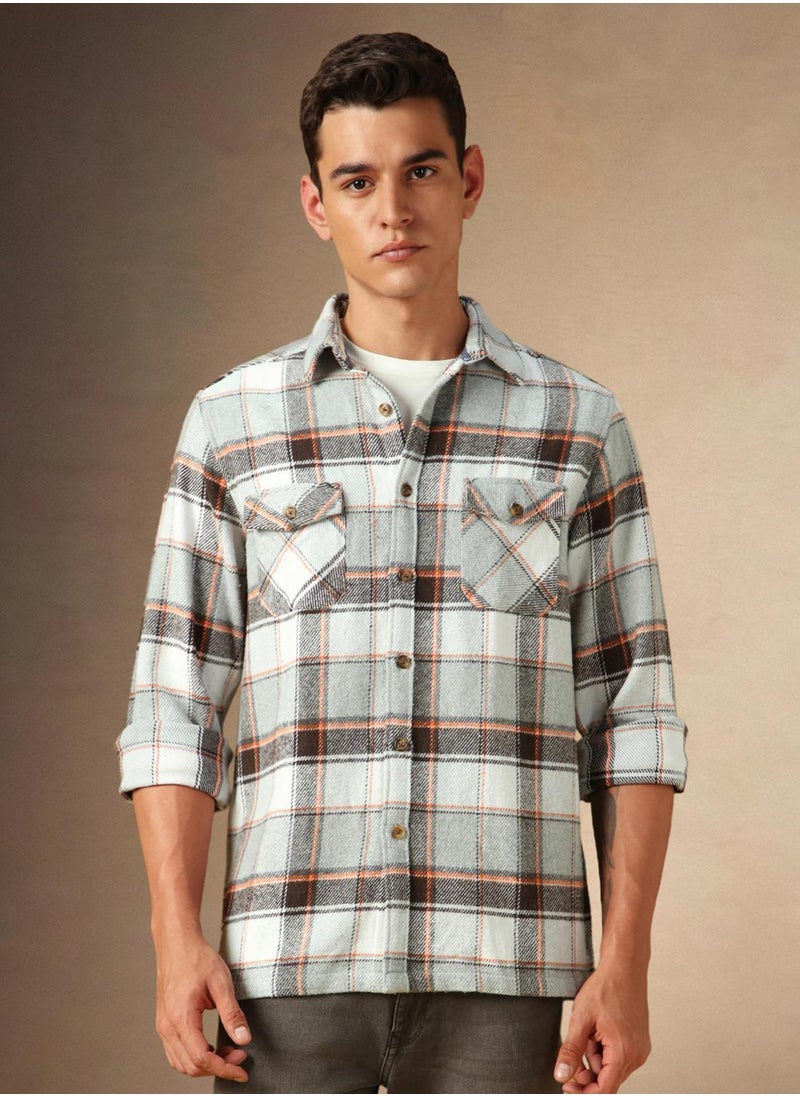 Men's Grey 100% Cotton Checkered Shirt