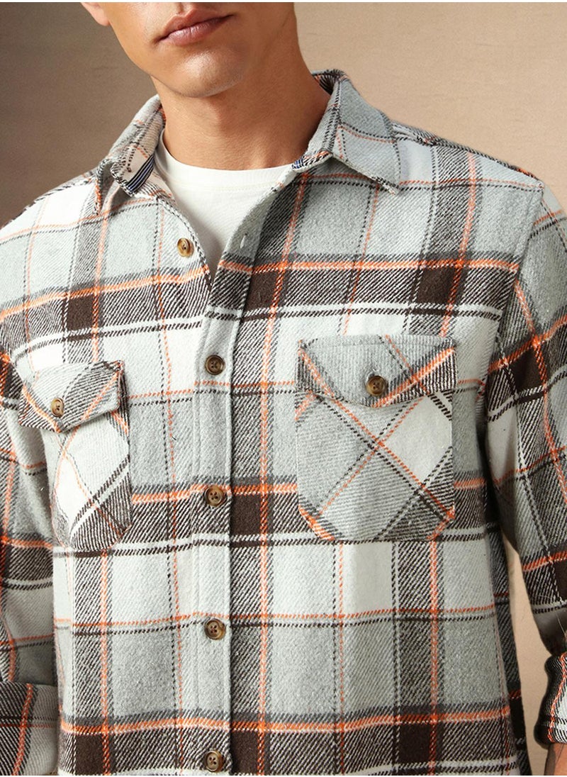 Men's Grey 100% Cotton Checkered Shirt