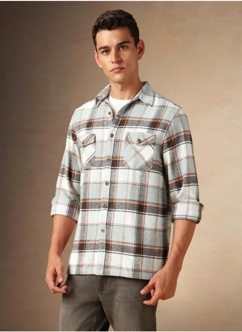 Men's Grey 100% Cotton Checkered Shirt