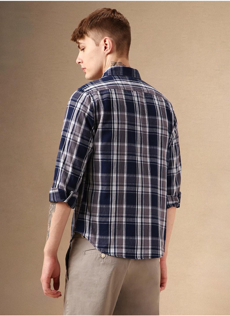 Men's Navy 100% Cotton Checkered Shirt