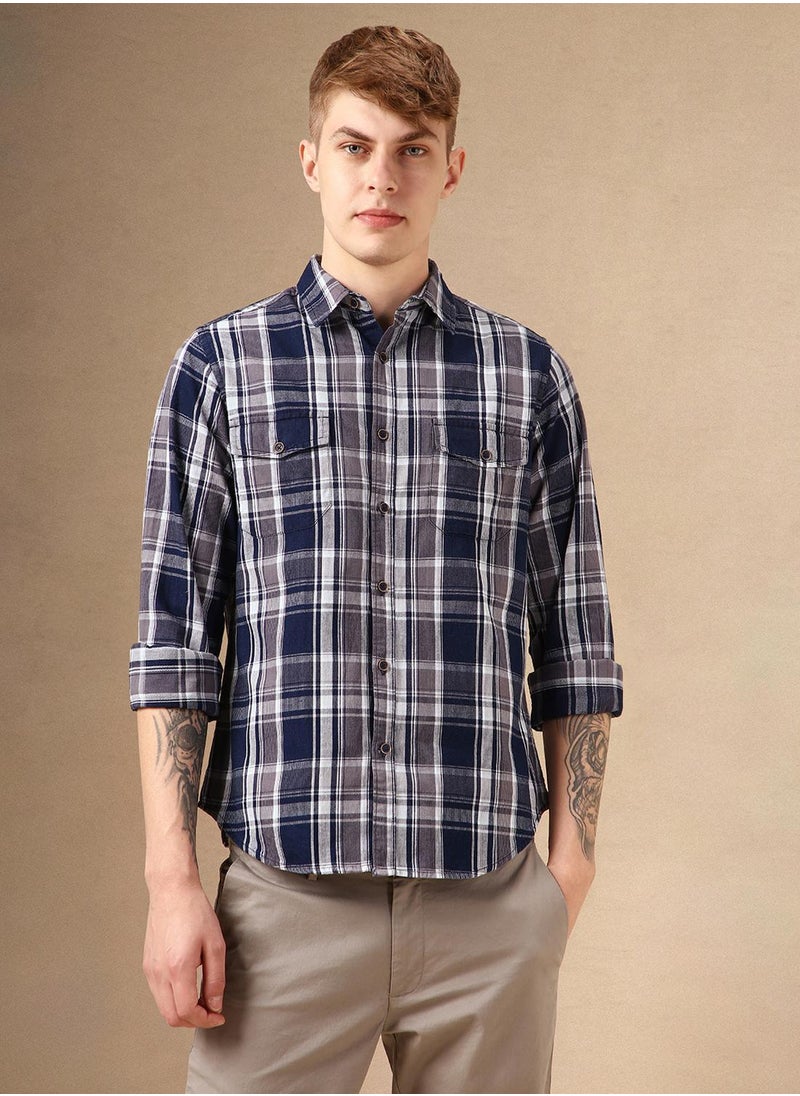 Men's Navy 100% Cotton Checkered Shirt