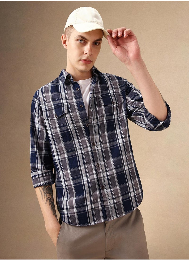 Men's Navy 100% Cotton Checkered Shirt