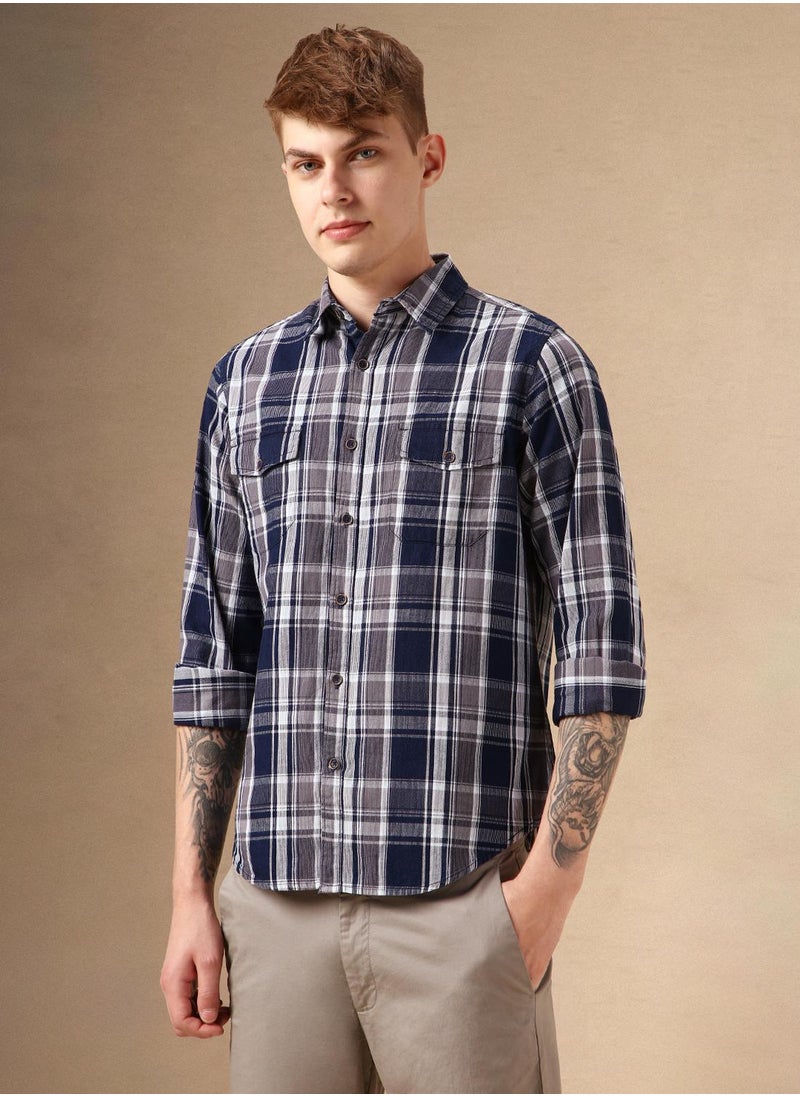 Men's Navy 100% Cotton Checkered Shirt