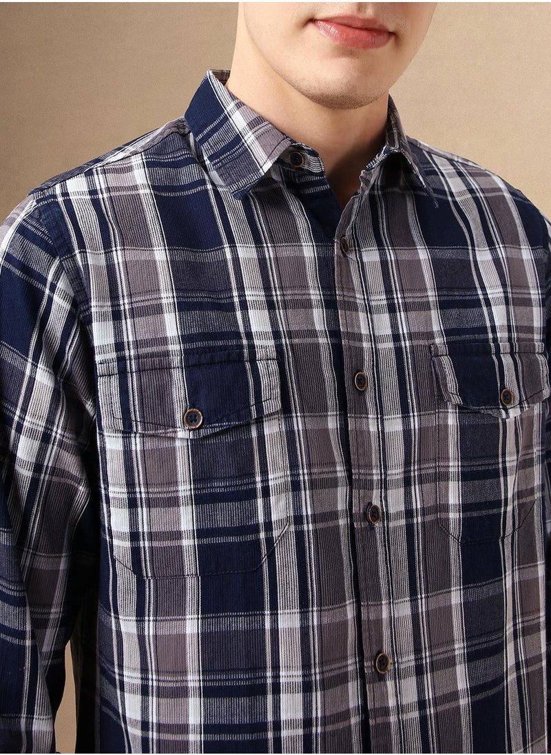 Men's Navy 100% Cotton Checkered Shirt