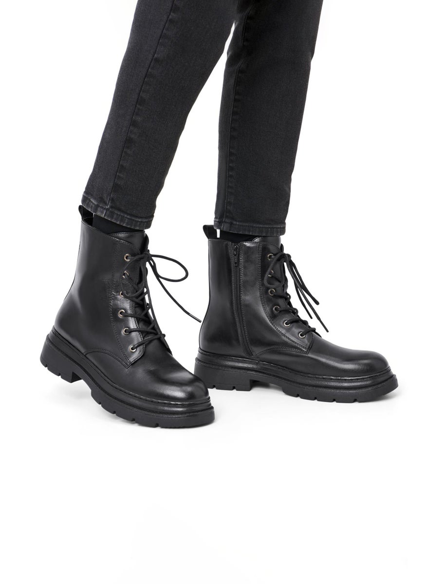 Women Leather Lace Up Boots, Black