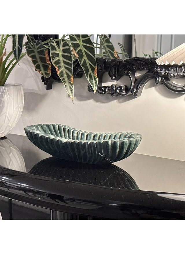 Oval Fluted Green Marble Bowl Handmade Marble Bowl Centerpiece Bowl Home Decor Bowl Green Large Fluted Bowl for Table Centerpiece Green Fluted Bowl Ruffle Large Bowl