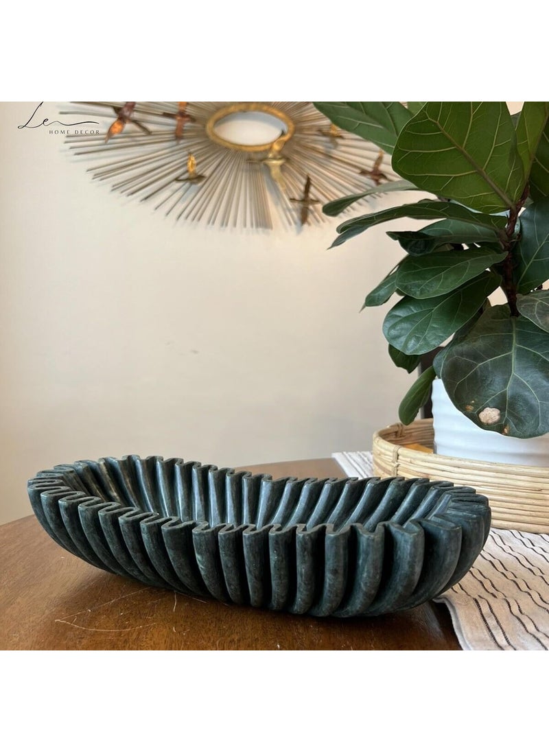 Oval Fluted Green Marble Bowl Handmade Marble Bowl Centerpiece Bowl Home Decor Bowl Green Large Fluted Bowl for Table Centerpiece Green Fluted Bowl Ruffle Large Bowl