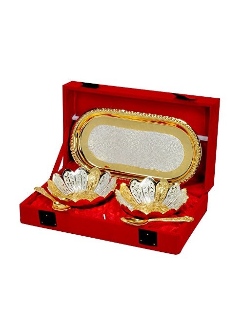 JAIPUR ACE Silver and Gold Plated Floral Shaped Brass Bowl and Tray Set