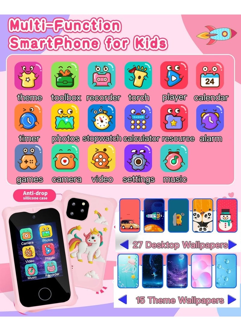 Kids Smart Phone Toys for Girls Ages 3~7 with Dual Camera Touchscreen Toddler Phone Toys with Learning Games MP3 Music Player for Birthday Gifts, 32GB SD Card