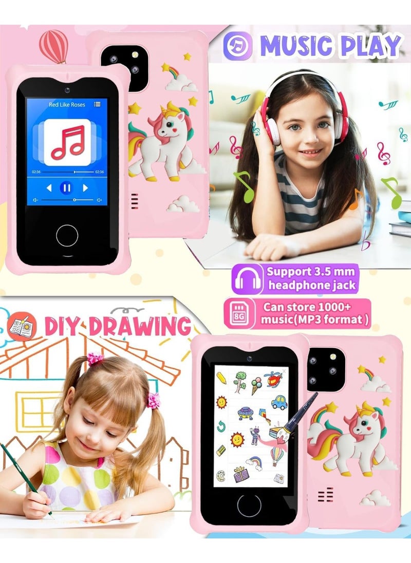 Kids Smart Phone Toys for Girls Ages 3~7 with Dual Camera Touchscreen Toddler Phone Toys with Learning Games MP3 Music Player for Birthday Gifts, 32GB SD Card