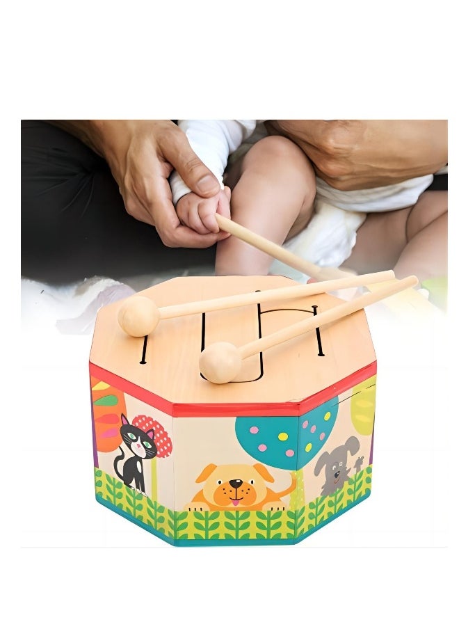 Kids Drum Wood Toy Handheld Mini Percussion Instrument Drum Musical Drum Toys with 2 Mallets for Baby Children Infant Toddler