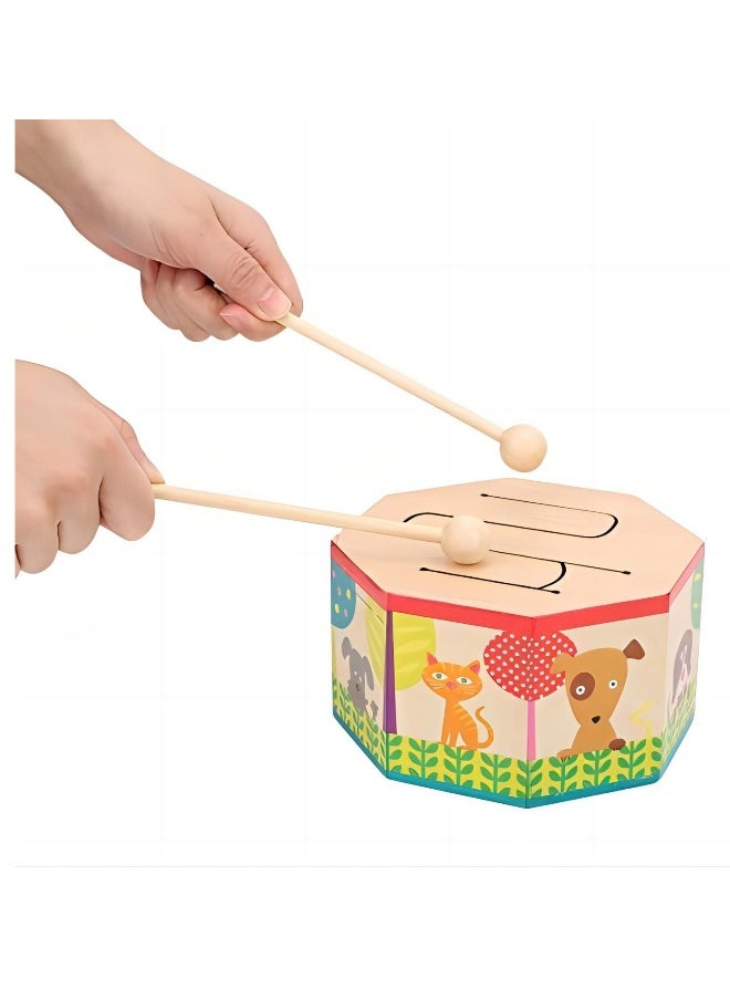 Kids Drum Wood Toy Handheld Mini Percussion Instrument Drum Musical Drum Toys with 2 Mallets for Baby Children Infant Toddler