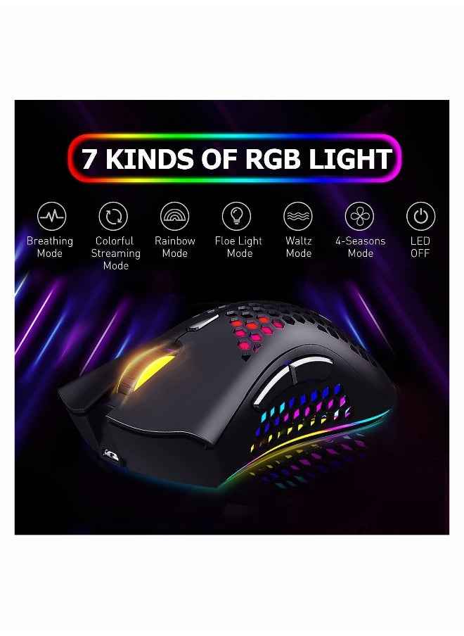 Ergonomic RGB Wireless Gaming Mouse with Honeycomb Design 7 Programmable Buttons and Adjustable DPI for Laptop PC and MacBook