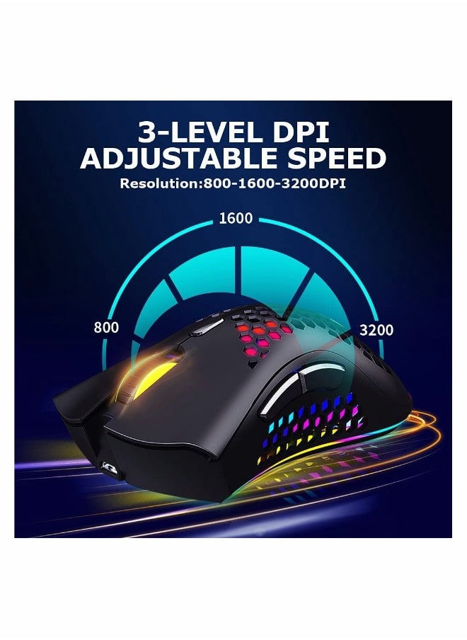 Ergonomic RGB Wireless Gaming Mouse with Honeycomb Design 7 Programmable Buttons and Adjustable DPI for Laptop PC and MacBook
