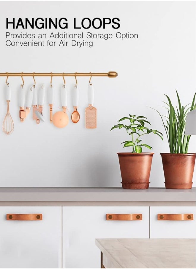 7 PCS Kitchen Gadget Set Copper Coated Stainless Steel Utensils with Soft Touch White Handles, Cooking Tools Including Garlic Press, Whisk, Ice Cream Scoop, Can Opener, Peeler, Scraper, Pizza Knife