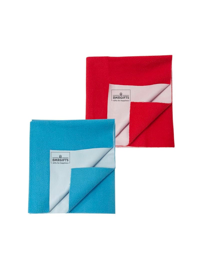 BMRGIFTS Cotton Extra Absorbent Quick Dry Waterproof Sheet for Baby Washable Mattress Protector Bed Protector Sheet for Toddler Children Pack of 2 Large Size 100x140 cm Sky Blue Red