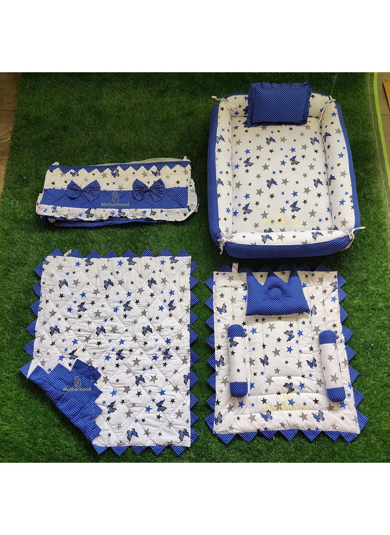 MOTHERHOOD 1 Box Baby Tub Bed with 1 Baby Cradle Hammock 1 Large Baby Blanket 1 Baby Mattress and 4 pc Baby Pillow Luxury Baby Mattress Bed Sleeper Bedding Set coSleeper Blue