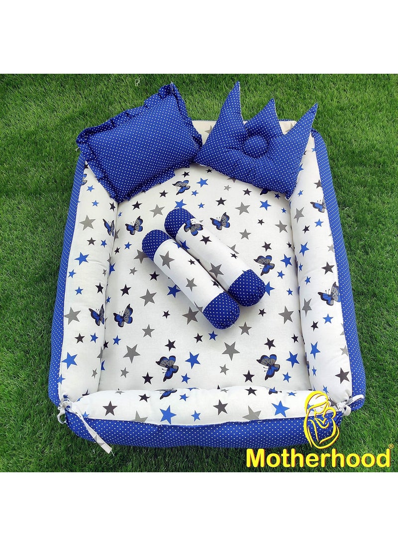 MOTHERHOOD 1 Box Baby Tub Bed with 1 Baby Cradle Hammock 1 Large Baby Blanket 1 Baby Mattress and 4 pc Baby Pillow Luxury Baby Mattress Bed Sleeper Bedding Set coSleeper Blue