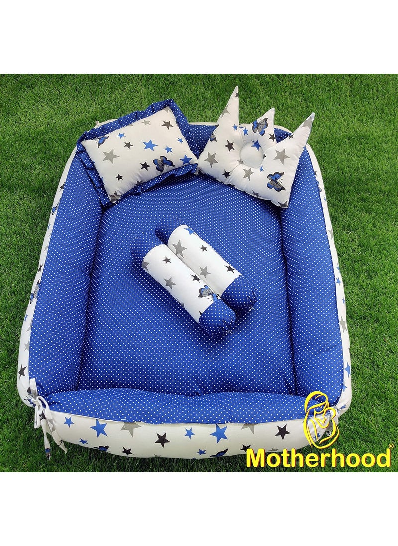 MOTHERHOOD 1 Box Baby Tub Bed with 1 Baby Cradle Hammock 1 Large Baby Blanket 1 Baby Mattress and 4 pc Baby Pillow Luxury Baby Mattress Bed Sleeper Bedding Set coSleeper Blue