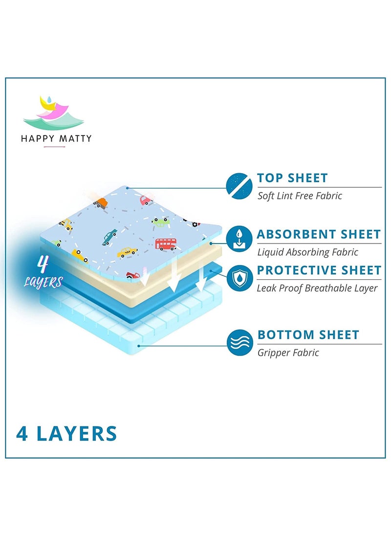 Happy Matty Reusable Washable Multicolor Cars Printed Soft Comfortable Unisex Baby Kids Extra Absorbent Quick Dry Sheet Playmat Lint Free Fabrics Mattress Crib Protector Cars Medium 50cm x 70cm