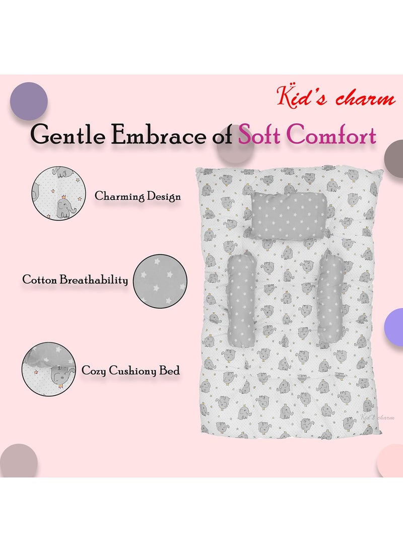 Kids Charm Baby Sleeping ElephantMini Portable 2 in 1 for 0 to 4 Months New Born Baby Baby Sleeping Bed Cotton PillowGrey
