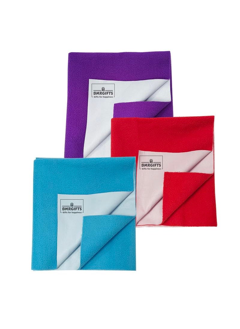 BMRGIFTS Cotton Extra Absorbent Waterproof Quick Dry Sheet for Baby Washable Bed Mattress Protector Sheet for Toddler Children Pack of 3 Small Size 50x70 cm Sky Blue Violet Red