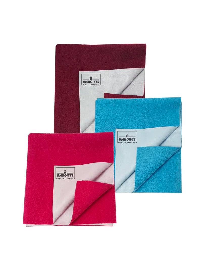 BMRGIFTS Cotton Extra Absorbent Waterproof Quick Dry Sheet for Baby Washable Bed Mattress Protector Sheet for Toddler Children Pack of 3 Small Size 50x70 cm Pink Mehroon Sky Blue