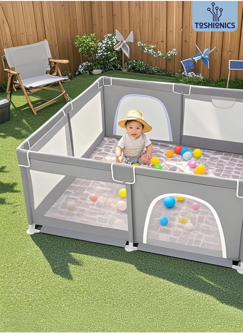 Baby Playpen with 50 Pieces Balls and 4 Baby Pull Ring Crib Hooks- 180x150cm Infant Indoor and Outdoor Kids Activity Centre Foldable Safety Fence Portable Play Dens for Kids and Toddlers Easy to Fold Play Yard, Grey