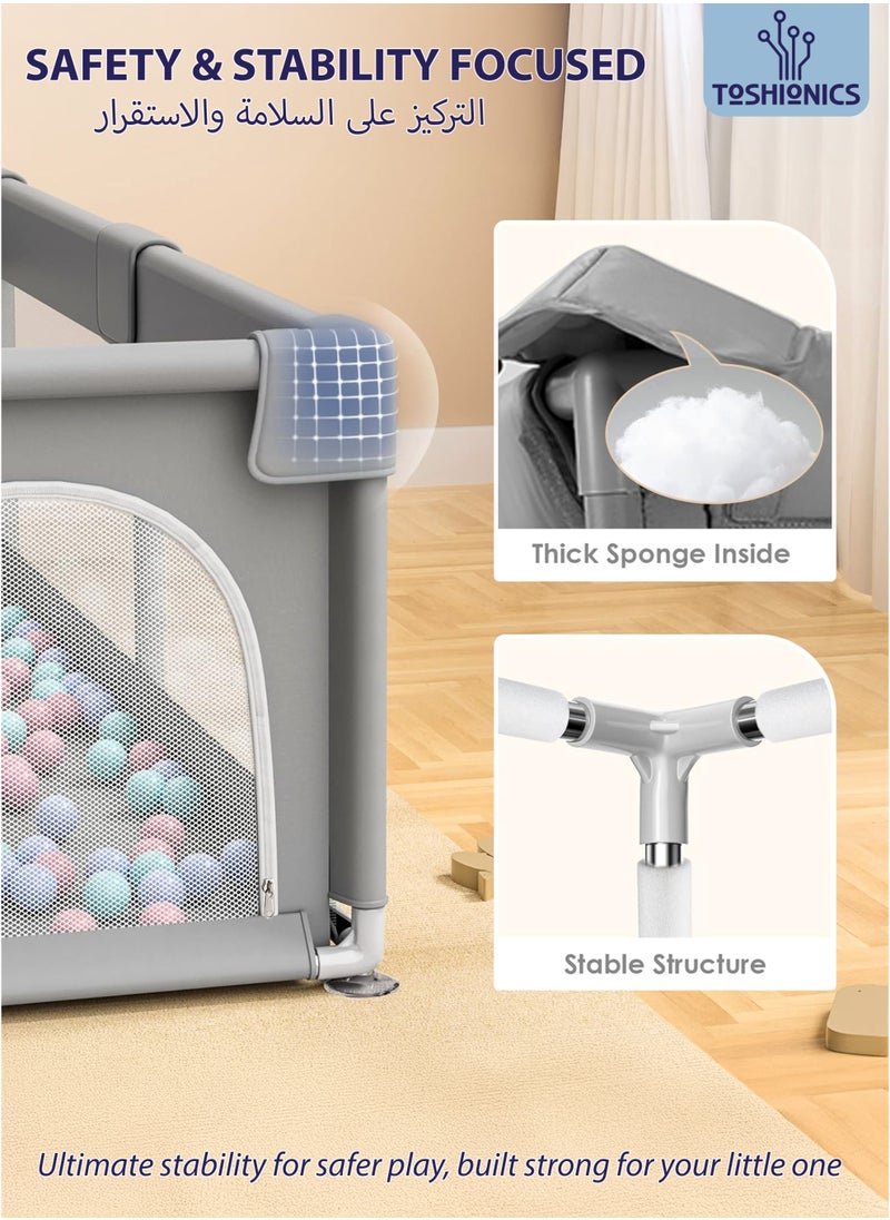 Baby Playpen with 50 Pieces Balls and 4 Baby Pull Ring Crib Hooks- 180x150cm Infant Indoor and Outdoor Kids Activity Centre Foldable Safety Fence Portable Play Dens for Kids and Toddlers Easy to Fold Play Yard, Grey
