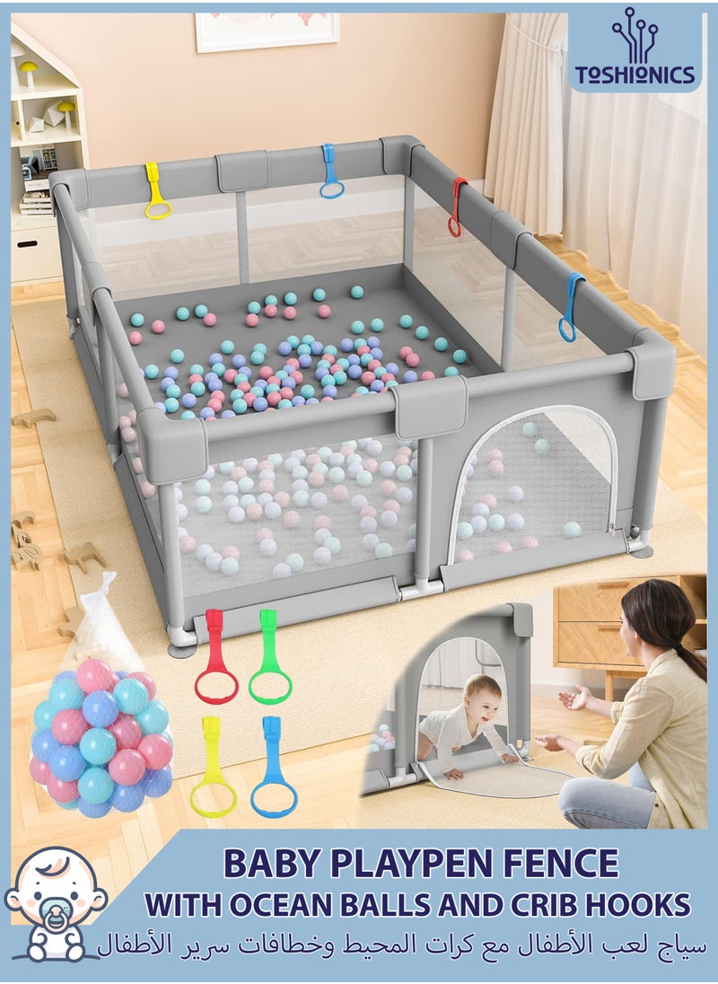 Baby Playpen Play Yard Fence with 50 Ocean Balls and 4 Crib Hooks Infants Kids and Toddlers Portable Play Dens Play Area Activity Center for Indoor and Outdoor Use Easy to Fold Safety Playpen Fence 180x150cm